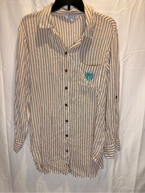 blue island Beige & White Striped Long-Sleeve Beach Coverup with Teal Palm